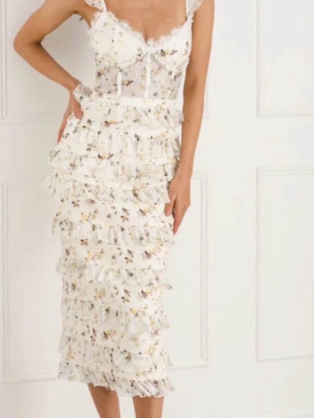 V. Chapman White Floral Ruffle Midi Dress (Revolve) - Bridal